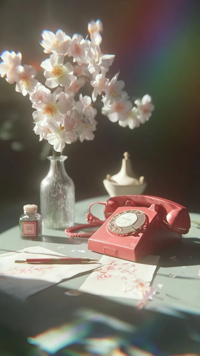 Vintage Desk Still Life with Telephone and Flowers