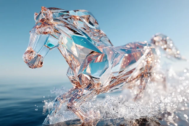 Crystal Horse Running on Water 3D Rendering