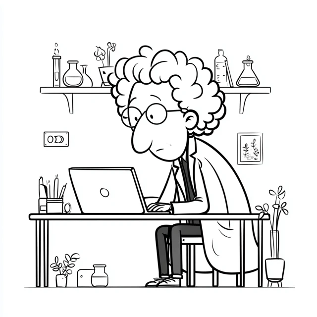 Cute Scientist Line Drawing Illustration