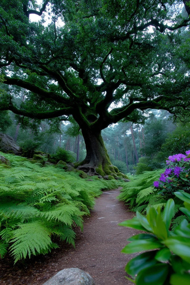 Ancient Oak Tree in Mystical Forest Landscape