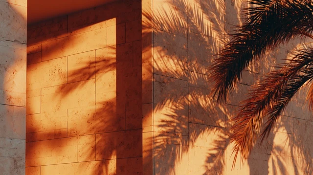 Golden Hour Palm Shadows on Stone Wall