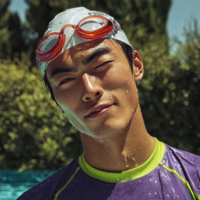 Asian Swimmer with Goggles Whimsical Portrait