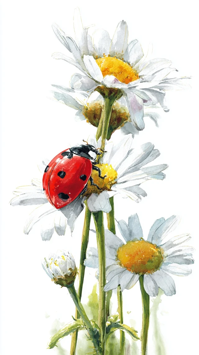 Ladybug on Daisies Watercolor Illustration