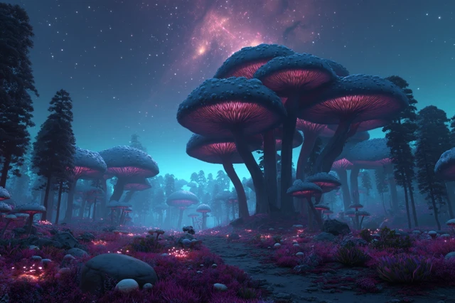 Alien Planet with Bioluminescent Mushrooms
