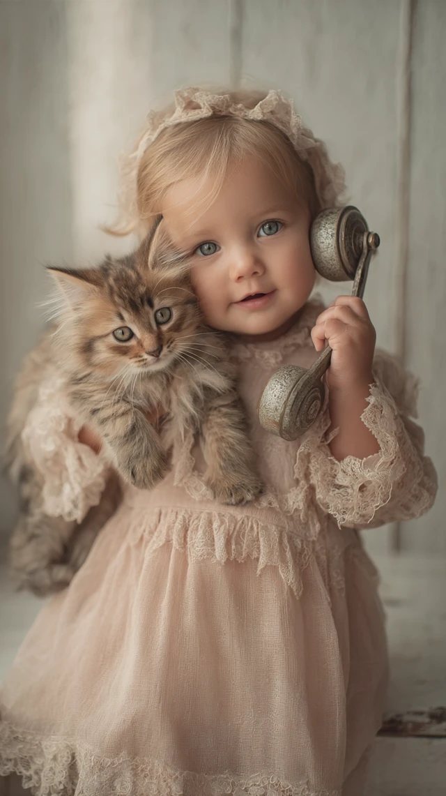Baby Girl Kitten Portrait Vintage Microphone