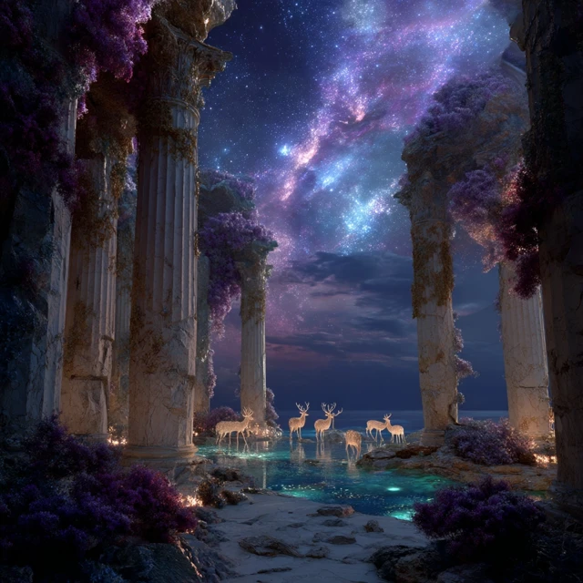 Mystical Ruins with Spirit Deer and Starry Sky