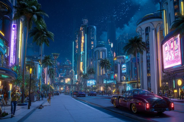 Futuristic Cityscape Neon Lights Retro Cars Night Scene