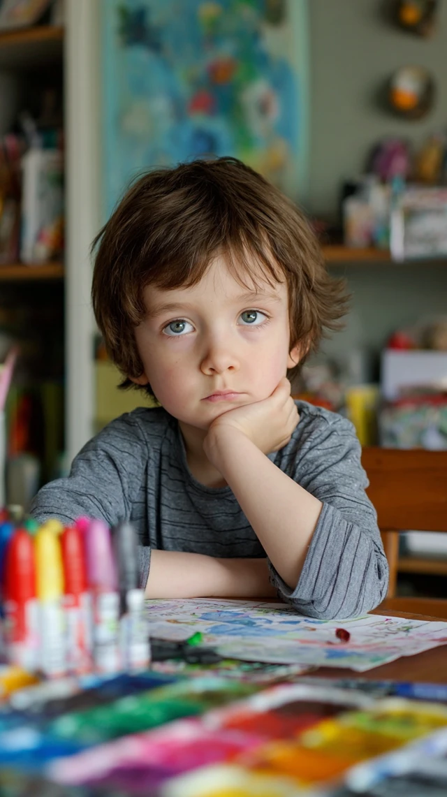Adorable Boy Coloring at Desk Bittersweet Moment