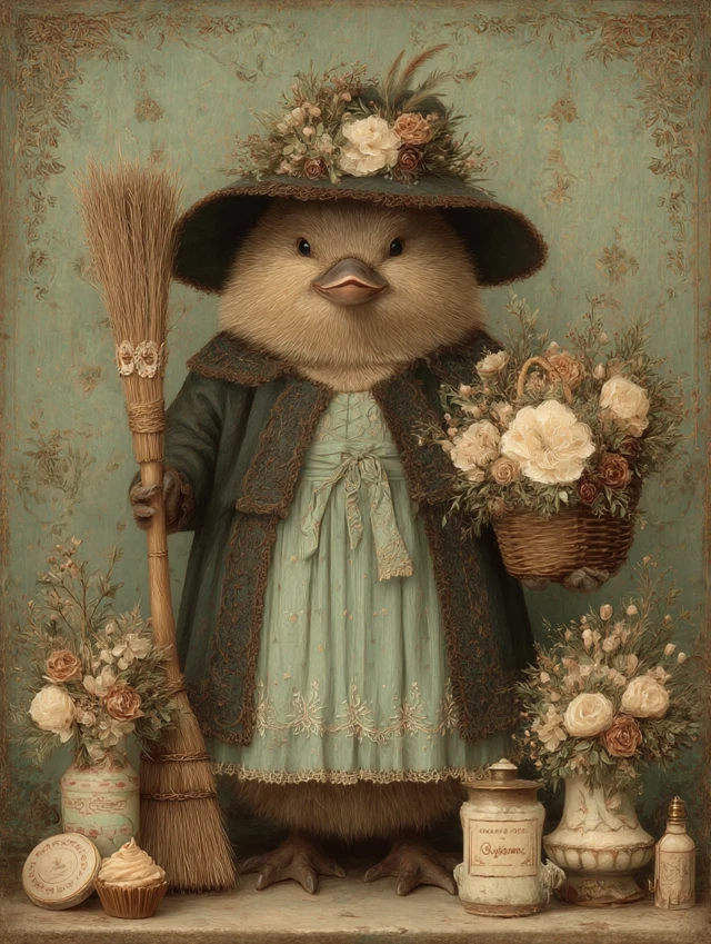 Royal Duckling with Broom Surreal Domesticcore