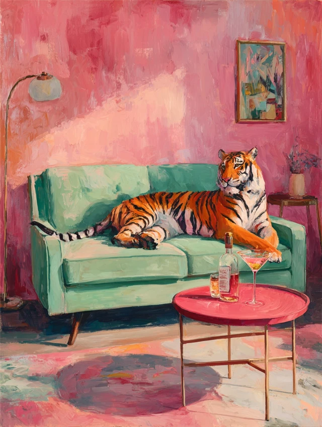 Tiger Lounging in Retro Interior