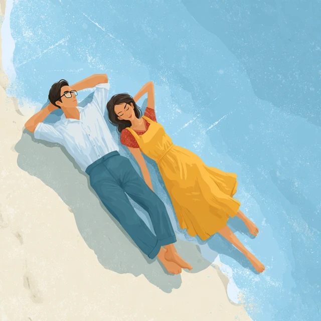 Couple Relaxing on Beach Cartoon Illustration