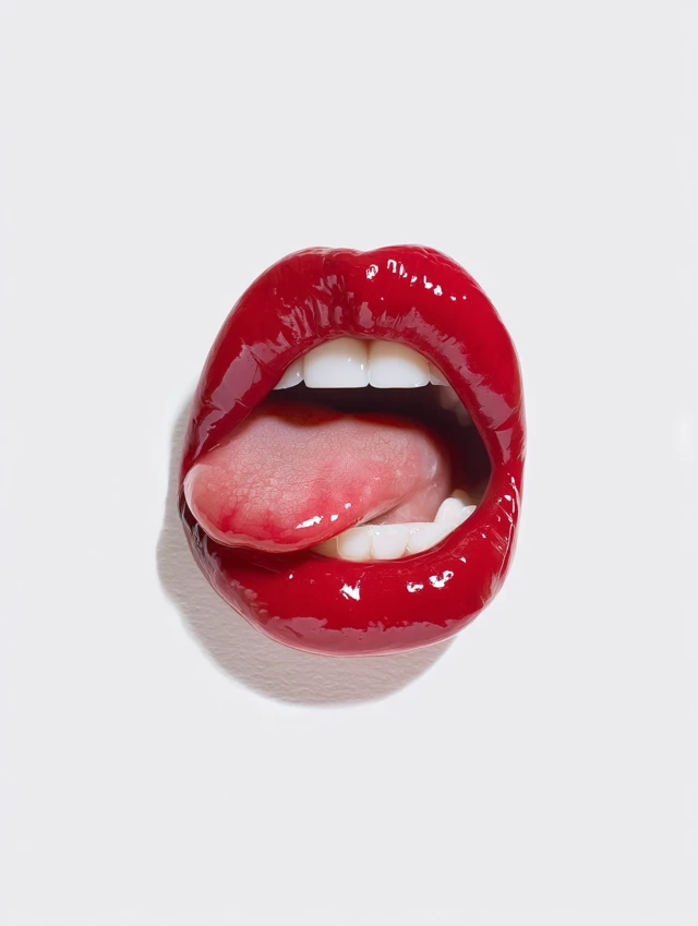 Hyperrealistic Red Lips with Tongue Out on White