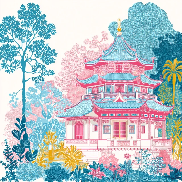 Chinese Palace Illustration in Pastel Colors