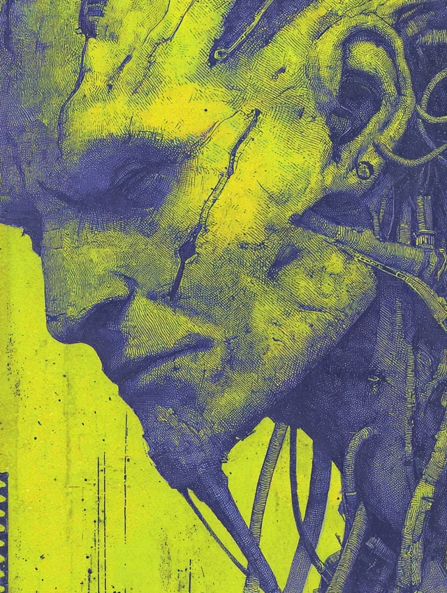 Cyberpunk Humanoid Stippling Art Lime Green Purple