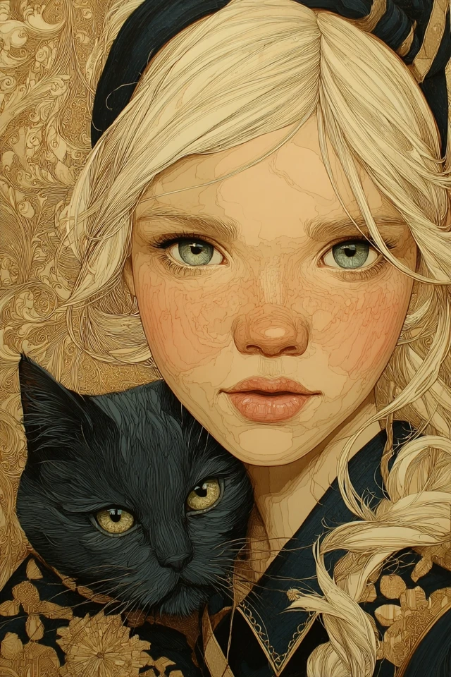 Art Deco Portrait: Child with Cat