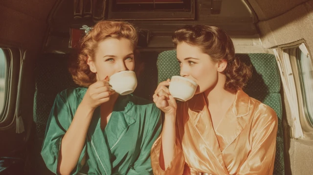 Vintage Photo Two Girls Coffee Airplane
