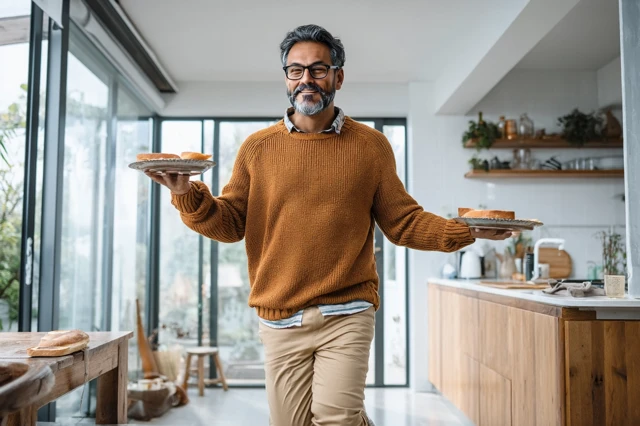 Cheerful Man Dancing with Breakfast in Kitchen