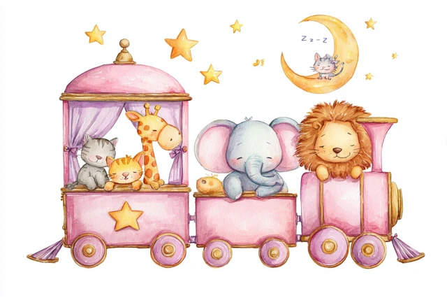 Watercolor Train Animals Giraffe Lion Elephant Kitten