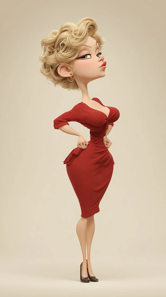 3D Cartoon Woman in Red Dress Glamour