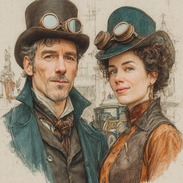 Steampunk Couple Illustration Futuristic City Colored Pencils