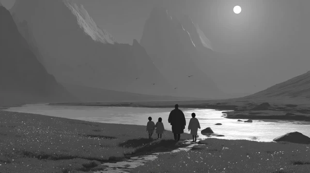 Journey of Children Led by a Guide 3D Render Black and White