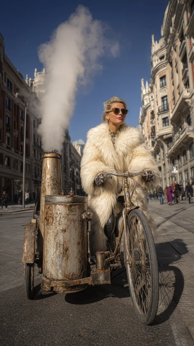 Luxury Fur Coat Bicycle on City Street Photograph