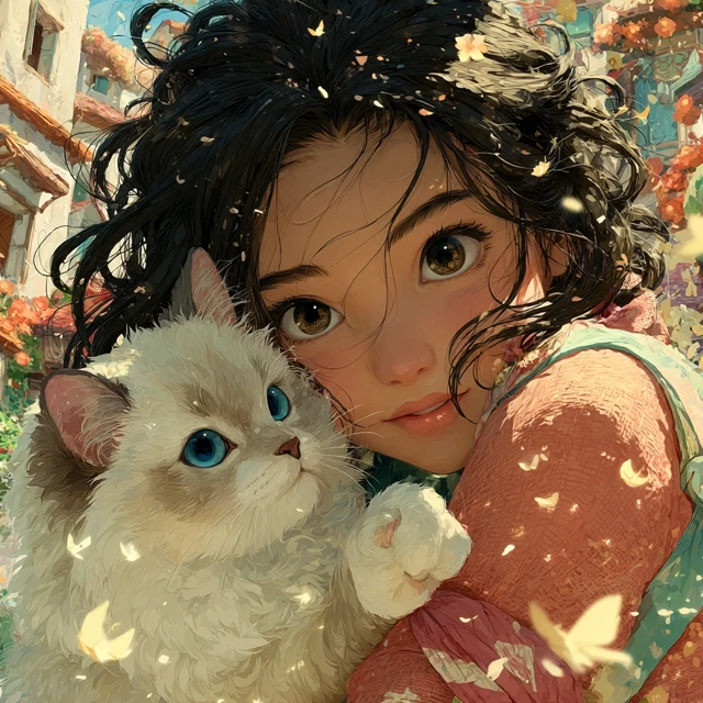 Anime Girl and Cat: Emotional Portrait in Shinkai Style