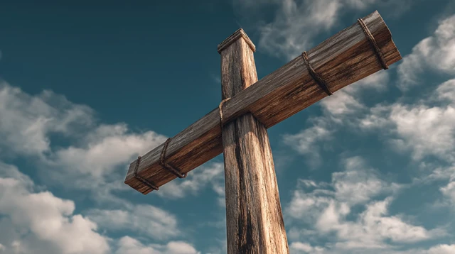 Wooden Cross Portrait with Sky and Clouds