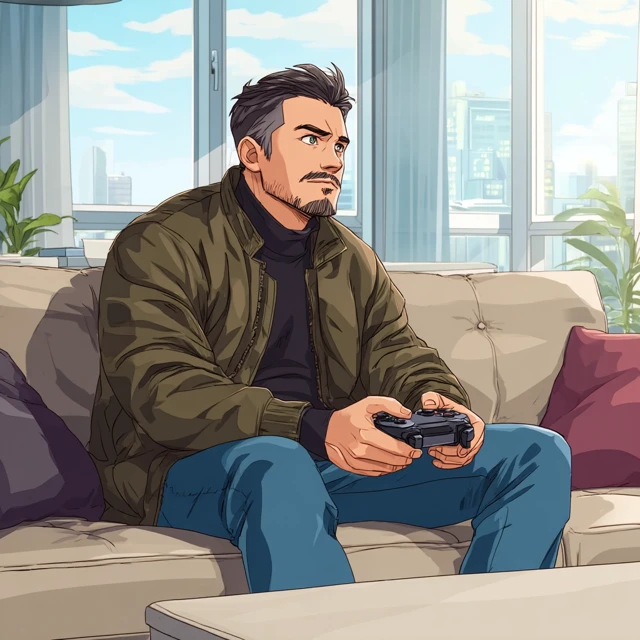 Anime Man Playing Video Games in Modern Apartment
