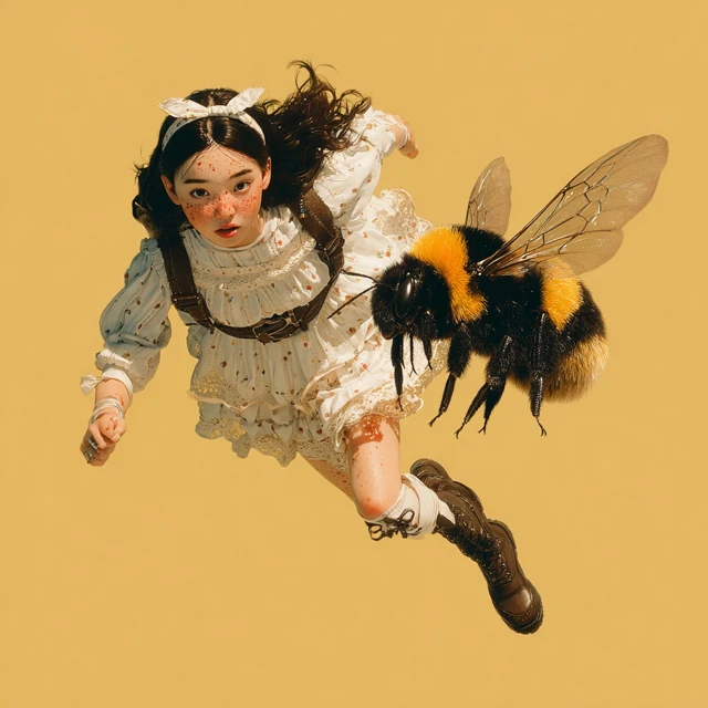 Asian Girl Freckles Chased by Bumblebee Photorealistic