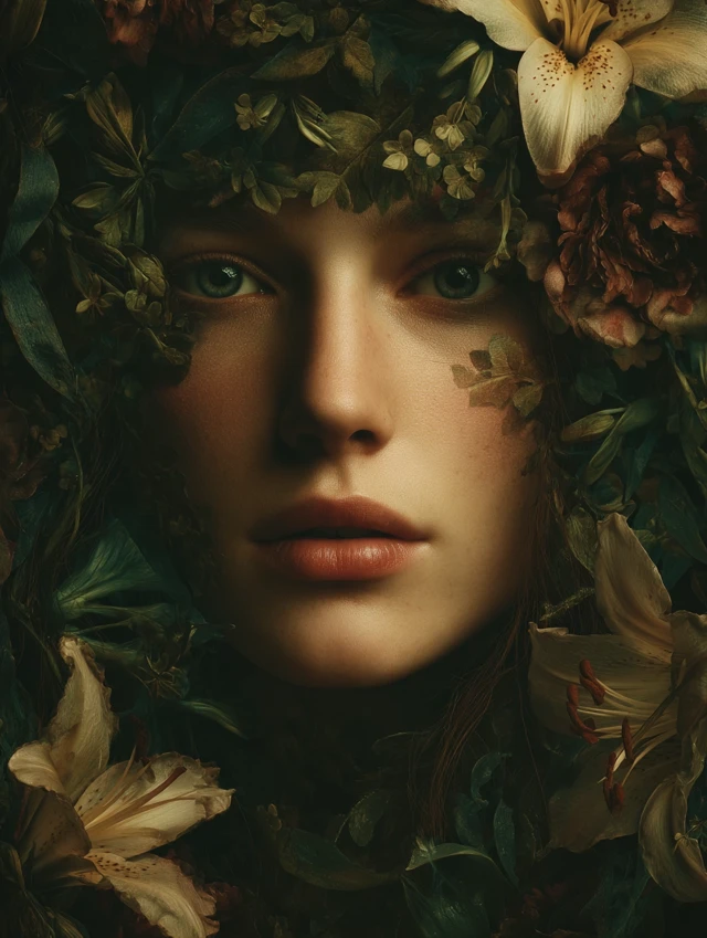 Surreal Woman Portrait Flowers and Foliage