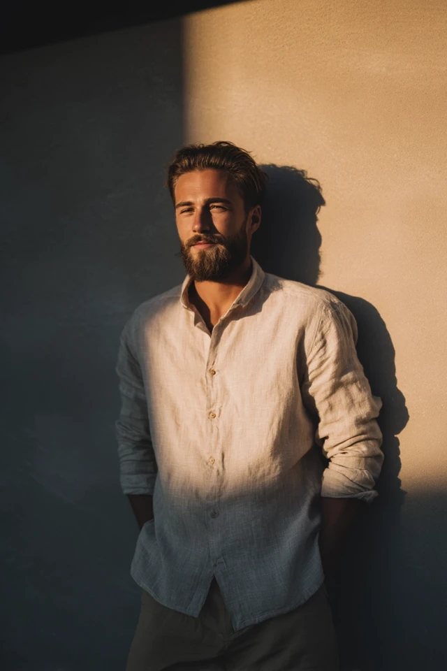 Stylish Man Leaning Against Wall - Warm Afternoon Light