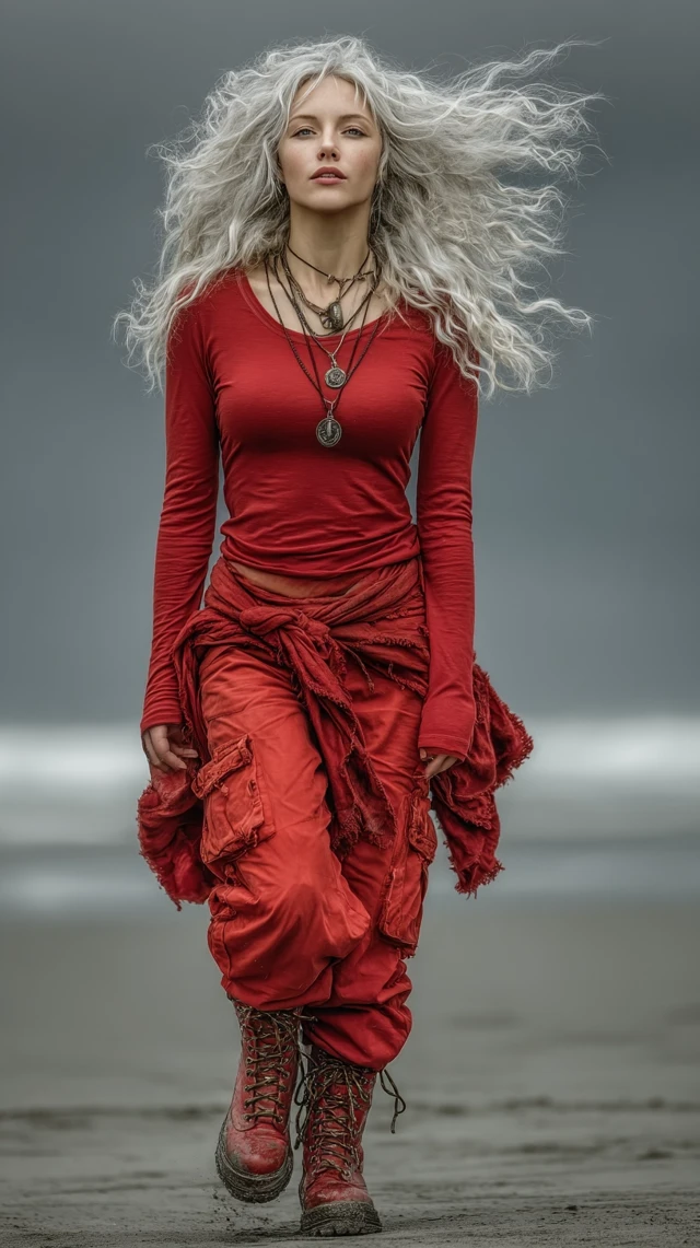 Woman in Red Walking on Stormy Beach