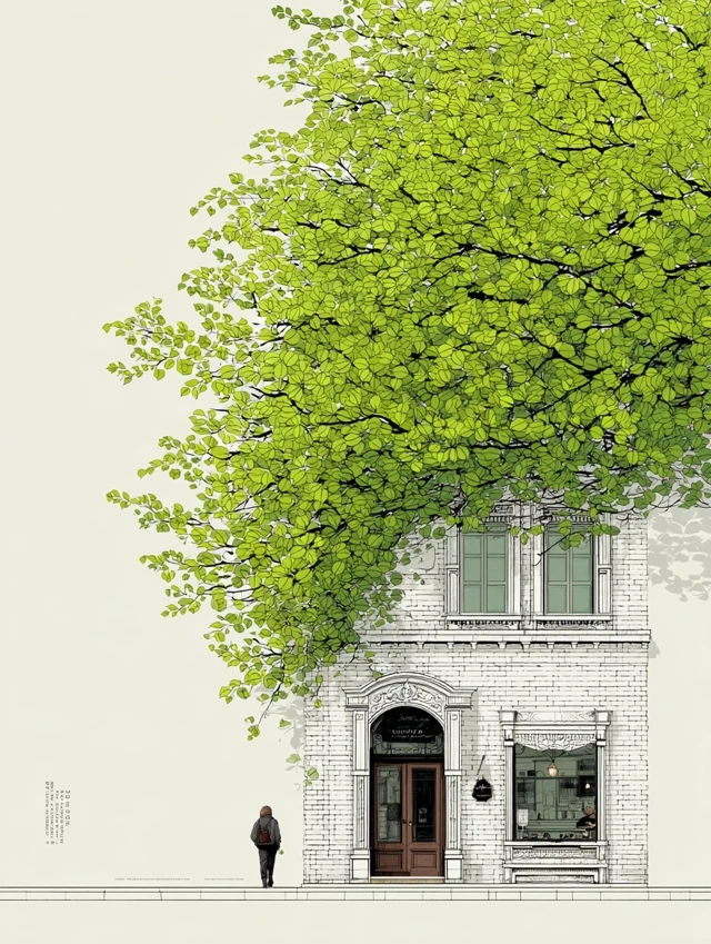 Hand Drawn Cityscape with Green Foliage