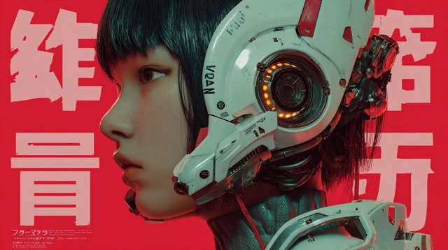 Cyberpunk Portrait Woman with Mech Ear Japanese Kanji