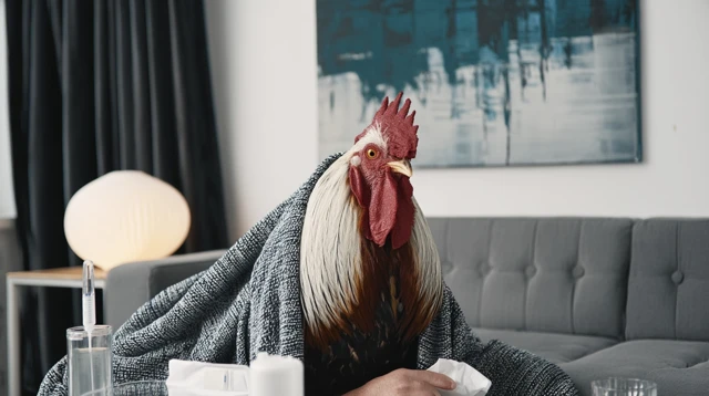 Sick Rooster Cozy at Home Photographic Style