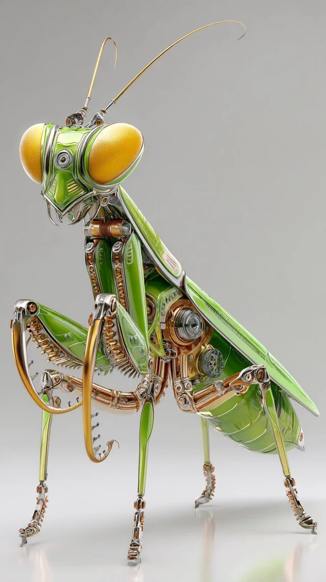 3D Cartoon Praying Mantis Metal Parts Pixar Style