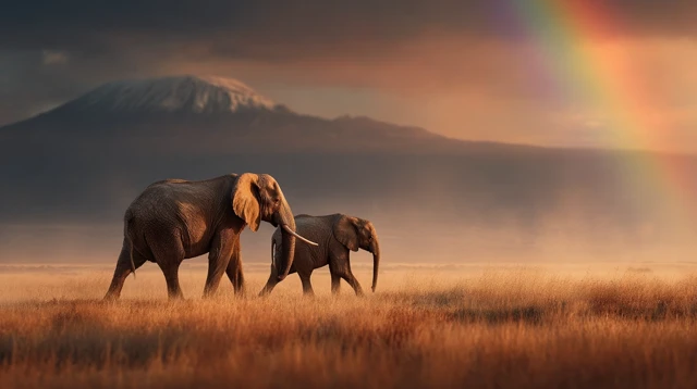 Mother Elephant and Calf on Savannah at Sunrise