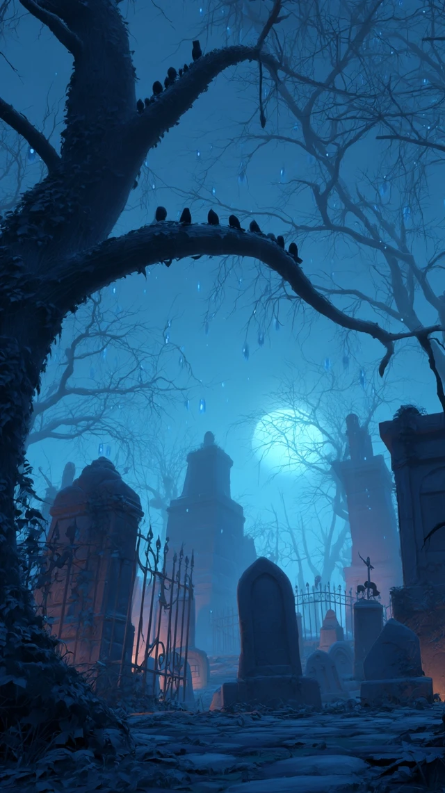 Haunted Cemetery at Night Spooky Illustration