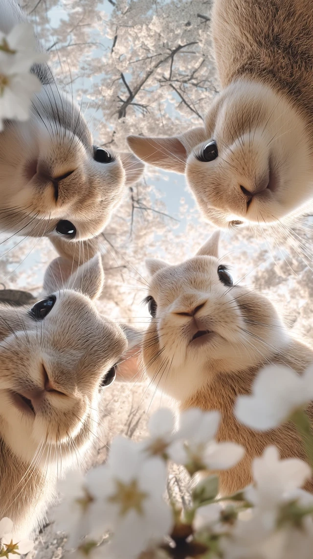 Adorable Rabbits Under Cherry Blossoms
