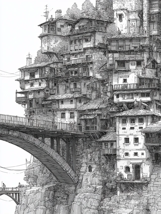 Ghibli Style Cliffside Houses and Bridge