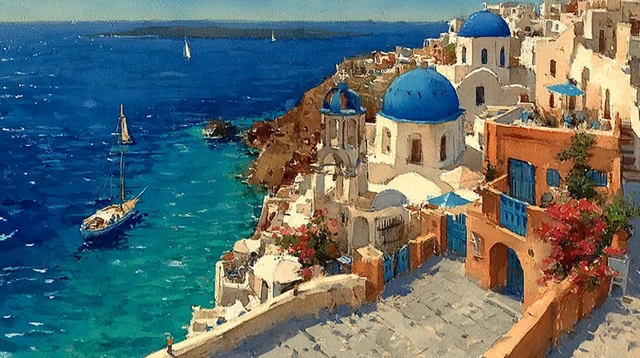 Santorini Greece Watercolor Painting Summer Day