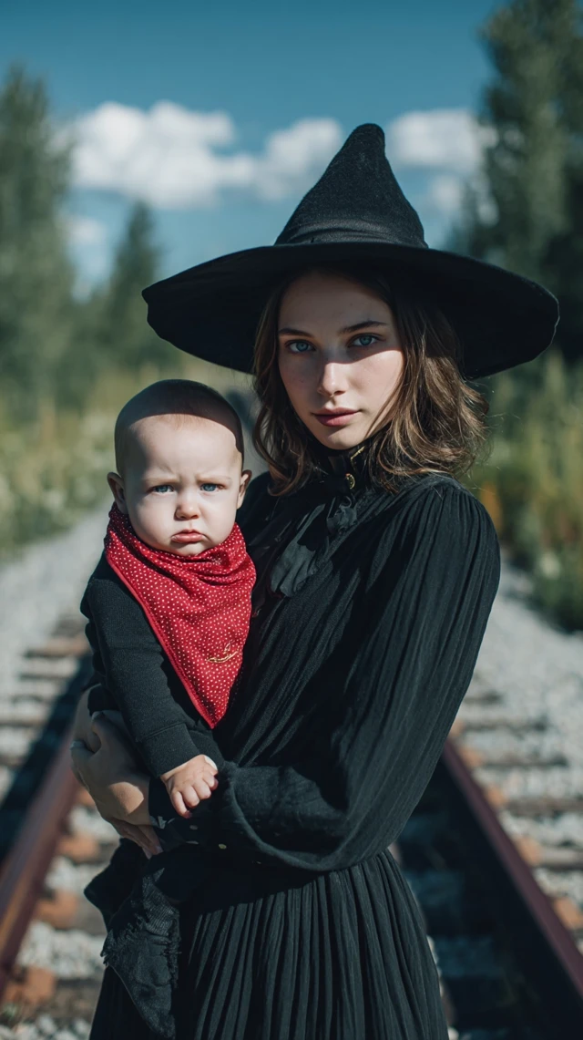 Witch and Baby Painting on Train Tracks