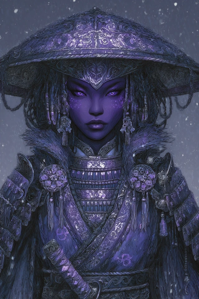Gothic Samurai Woman in Violet Armor
