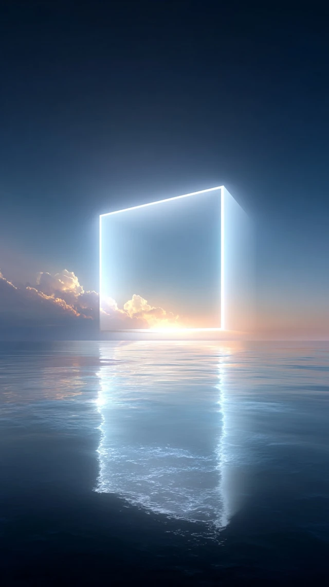 Glowing Neon Square Above Ocean Minimalist Design