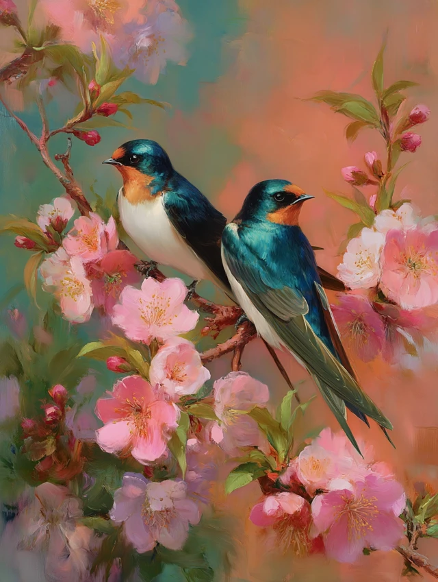 Romantic Bird Painting Swallows on Blossoms