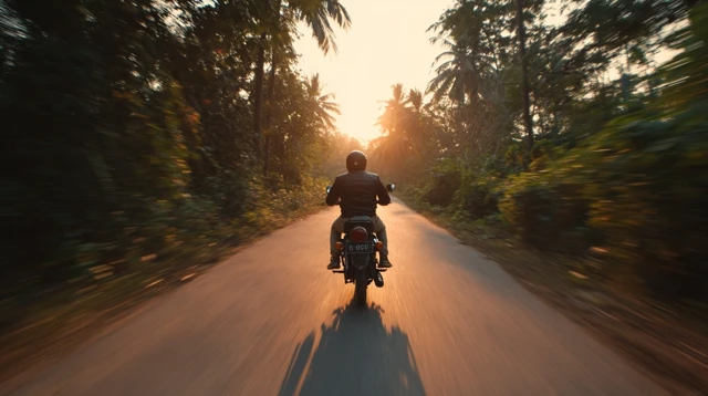 Motorcyclist Rides Into the Sunset Cinematic Shot