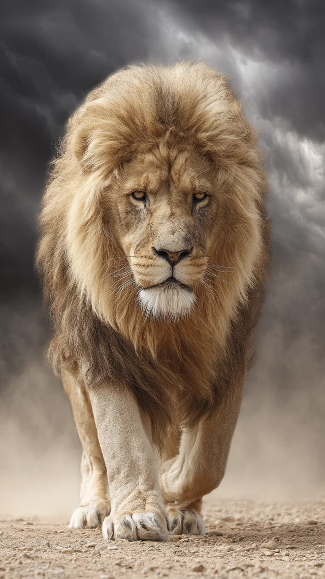 Majestic Golden Lion in a Dramatic Storm Realistic Art