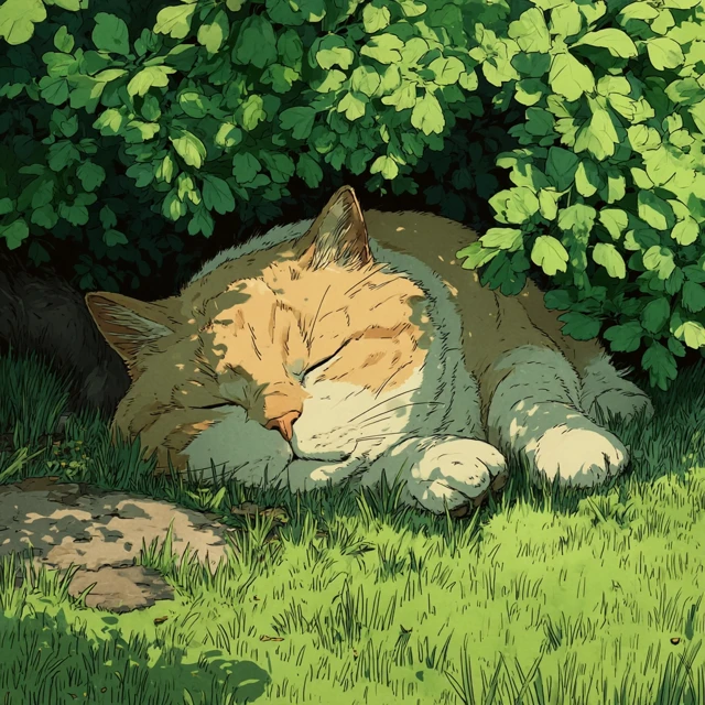 Chubby Cat Napping in Ghibli Style