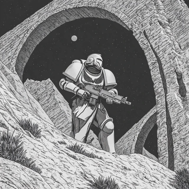 Space Marine in Cave - Black and White